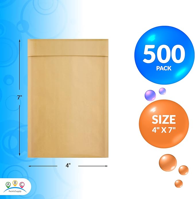 ABC PACK & SUPPLY Brown Kraft Bubble Mailer Envelopes, 4 x 7 Inches. 500 Pack Mail Padded Envelopes Self Seal. Kraft Bubble Mailers. Tear-Resistant Mailing Envelope Padded. Sturdy Paper Mailer