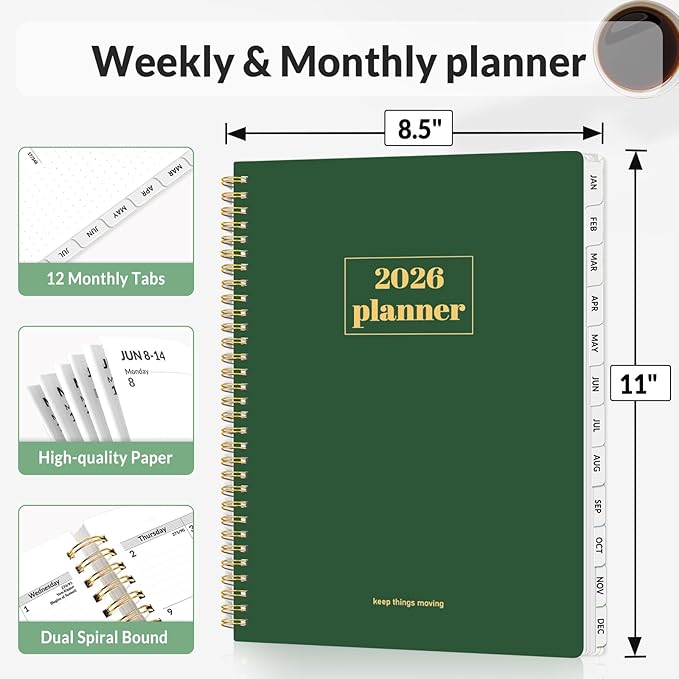 SUNEE Planner 2026 Weekly and Monthly, January 2026-December 2026, 8.5"x11", Tabs, Note Pages,Spiral Binding, Deep Green
