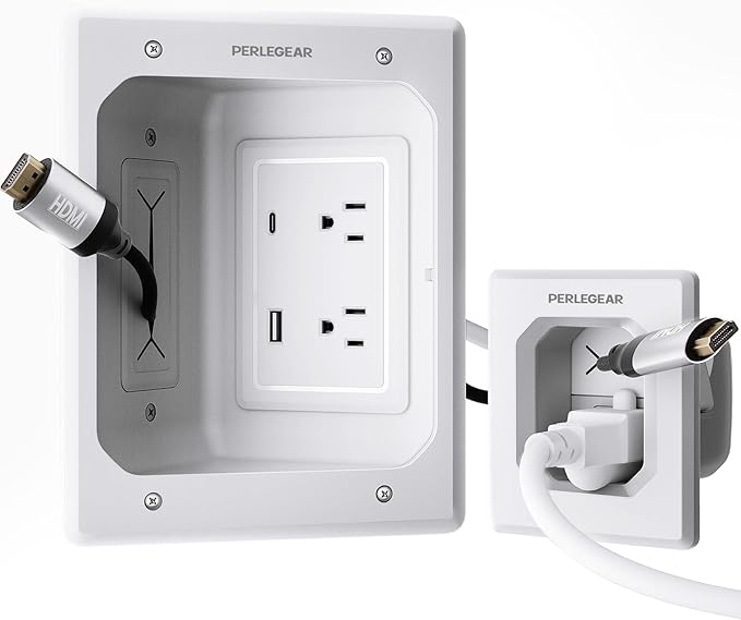 Perlegear Cord Hider for Wall Mount TV with AC Outlets, USB-A and USB-C Ports, in-Wall Cable Management Kit, Includes Drill Templates, Dust Bags, Drywall Saw, Extension Cord