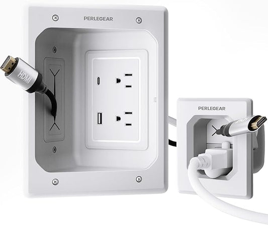 Perlegear Cord Hider for Wall Mount TV with AC Outlets, USB-A and USB-C Ports, in-Wall Cable Management Kit, Includes Drill Templates, Dust Bags, Drywall Saw, Extension Cord