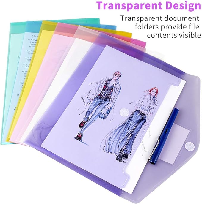 24 Pack Plastic Poly Filing Envelopes, Clear Document Folders US Letter A4 Size File Envelopes with Label Pocket & Paste Button for School Home Work Office Organization, 6 Assorted Color