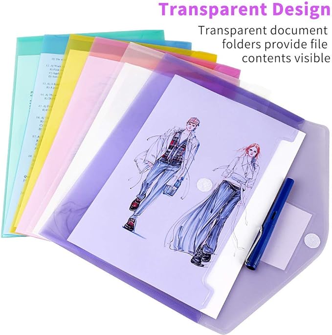 36 Pack Plastic Poly Filing Envelopes, Clear Document Folders US Letter A4 Size File Envelopes with Label Pocket & Paste Button for School Home Work Office Organization, 6 Assorted Color