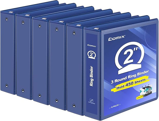 COMIX 3 Ring Binder 2 inch with Clear View Cover, 2" View Binder Holds 450 Sheets of US Letter Size Paper, 6 Pack (Dark Blue)