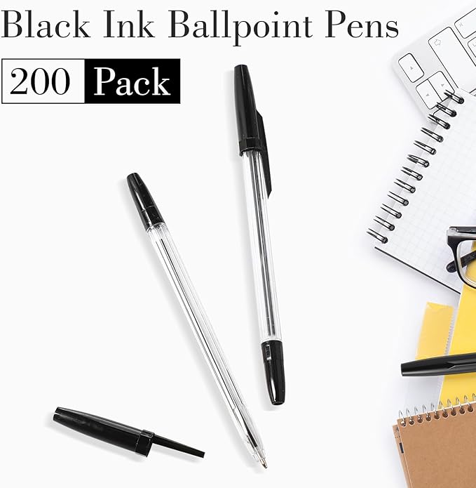 200 Pieces Ballpoint Pens Bulk Black Ink, 1.0mm Medium Point, Bullet Tip Smooth Writing Pens for Office, Business, Server, School Supplies