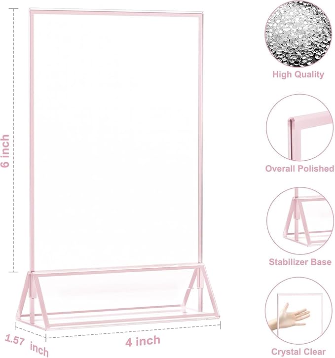 EHWINE 12 Pack Acrylic Sign Holder 4 x 6, Double-Sided Stand up Table Top Sign Holders, Pink Acrylic Picture Frame Menu Flyer Paper Holder Display Stand for Office Business Store Wedding Party