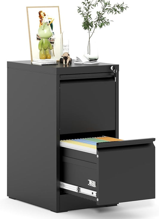 2 Drawer File Cabinet, Metal Vertical Filing Cabinet for Home Office, Locking Steel Easy Assemble 18" D File Cabinets for Legal/Letter/A4/F4 (Black)