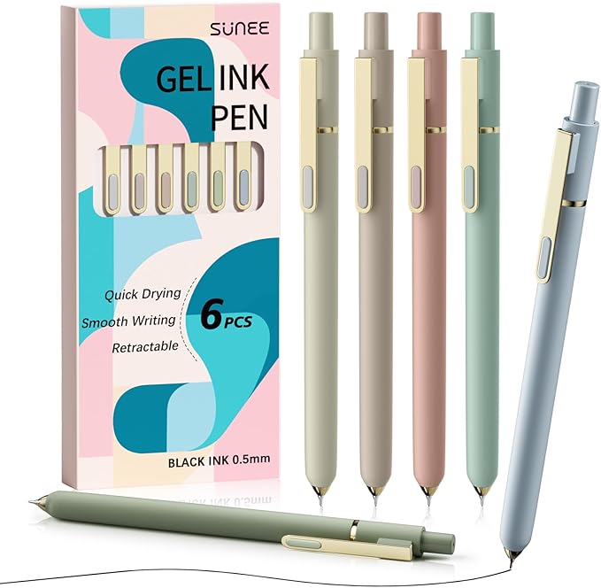 SUNEE Gel Pens, 6 Pack 0.5mm Pens Fine Point Smooth Writing Pens with Quick-Dry Black Ink, Cute Aesthetic School Office Note-Taking Pens for Journaling - Morandi