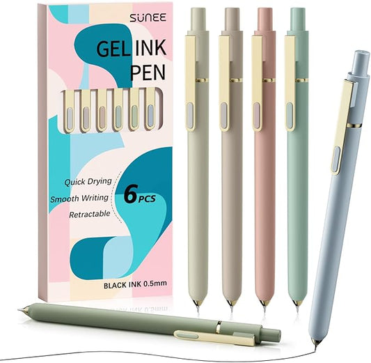 SUNEE Gel Pens, 6 Pack 0.5mm Pens Fine Point Smooth Writing Pens with Quick-Dry Black Ink, Cute Aesthetic School Office Note-Taking Pens for Journaling - Morandi