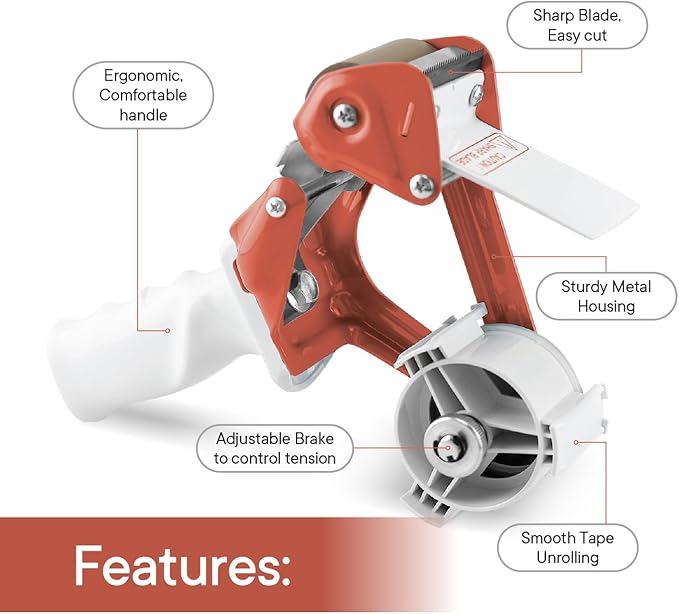 Heavy Duty Metal Frame Orange Packing Tape Dispenser 3 Inch Core with Special Ergonomic Handle, Tape Gun for Packing Boxes with Premium Tempered Steel Blade - for 3 inch Wide Roll