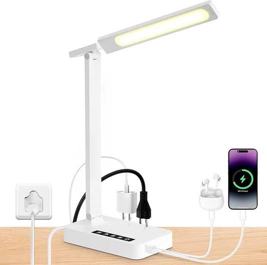 Infiway LED Desk Lamps for Home Office: Desk Lamp with USB Charging Port - 1 USB-A, 1 Type-C Ports, 2 AC Power Outlets, Touch Control Dimmable 5 Color 5 Brightness, Night Light(White)