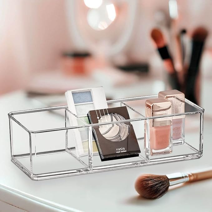 Amazing Abby - Glamour - 2-Pack Acrylic 3-Compartment Makeup Organizer, Transparent Plastic Lipstick Holder, Perfect Bathroom Vanity Storage Solution for Lipsticks, Nail Polishes, and More
