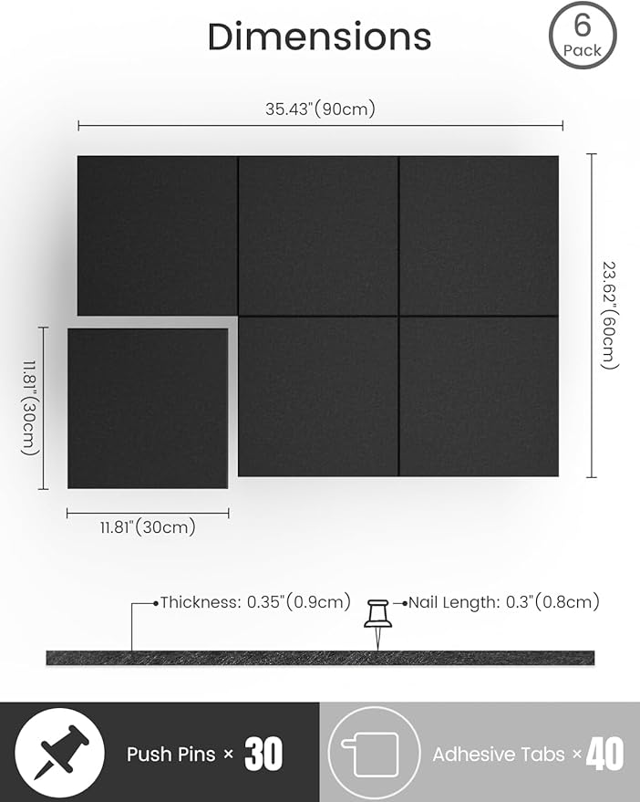 Bumusty Large Cork Board 36"x24" Alternative - 6 Pack Felt Wall Tiles with 40 Safe Removable Adhesive Tabs, 30 Pushpins, Cork Boards for Walls Pin Board Bulletin Board Office Decor (Black)