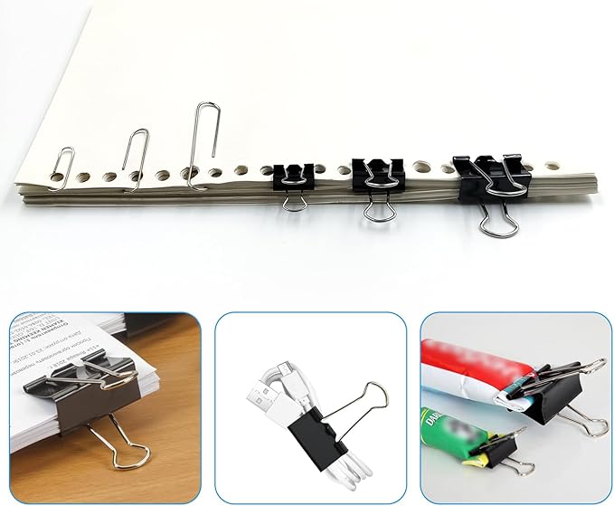 340 PCS Paper Clips and Binder Clips Assorted Sizes, Large Medium Small Silver Paperclips&Black Binder Clip Set for Home&School&Office Document Organizing,Supplies Desk Essentials in Container