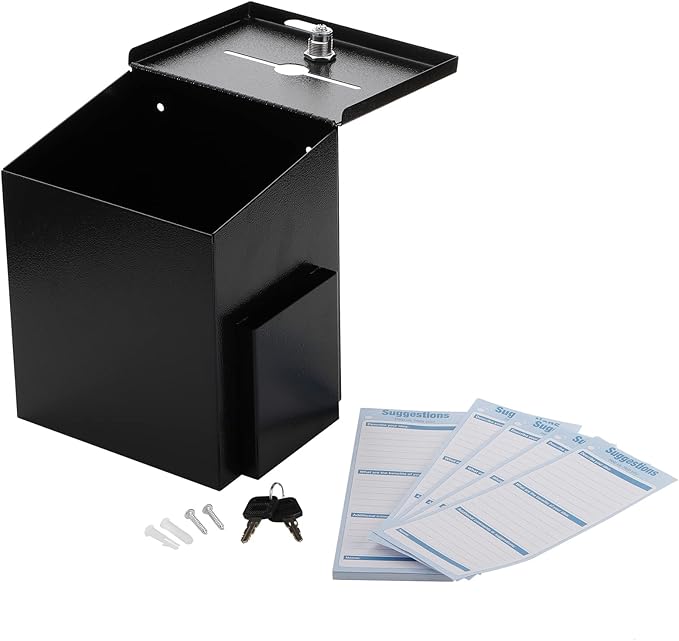 TOPZEA Suggestion Box with Slot and Lock, Wall Mounted Ballot & Donation Box, Metal Comment Collection Box Key Drop Box with 50 Free Suggestion Cards for Office, Hotel, Church, Black, 9"x 7.4"x 6"