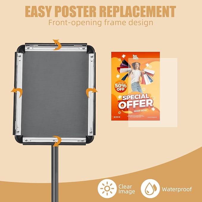 Sign Holder Stand 8.5x11 inch, Adjustable Floor Sign Stand for Display with Snap-Open Frame, Portable Standing Sign Holder for Business Retail Events, Black