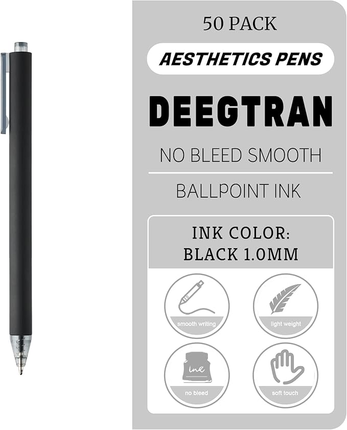 deegtran Pens Bulk, 50 Pack Smooth Black Ink Ballpoint Pen, Wholesale Retractable Pens, No Bleed Click Pen Medium Point, 1.0MM