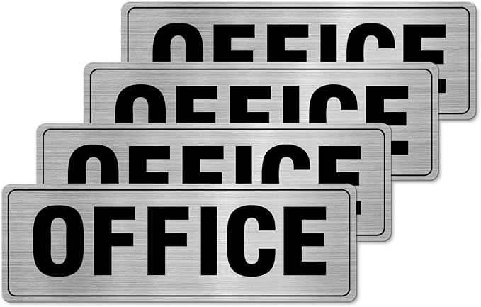 Office Sign Aluminum Silver 9 x 3 Inches Self-Adhesive Waterproof Metal Door Wall Sign for Business Offices 4 Pack