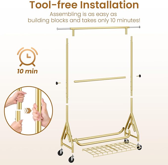 Double Rods Clothing Rack, Heavy Duty Clothes Rack for Hanging Clothes Load 560LBS, Metal Rolling Garment Racks with Wheels, Freestanding Clothes Hanging Racks, Gold
