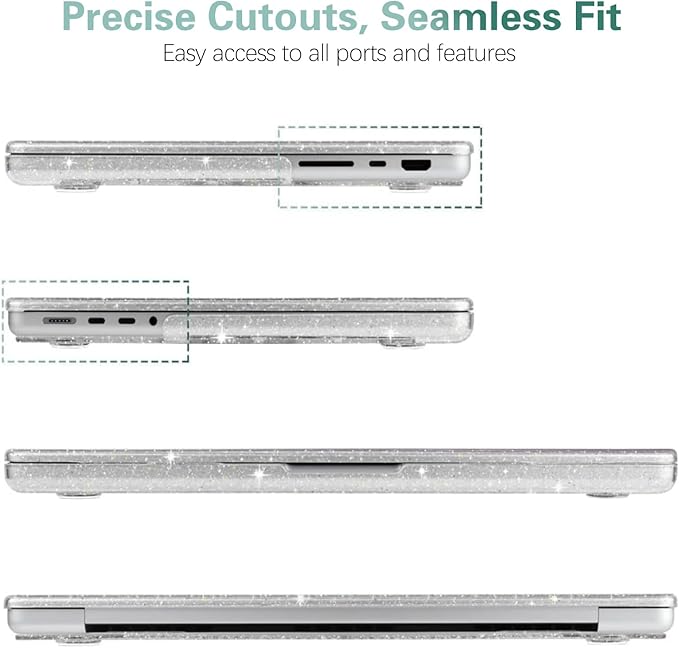 KEROM Clear Glitter Case for MacBook Pro 14 inch 2025-2021 M5 M4 M3 M2 M1 Chip A3434 A3112 A3185 A3401 A2918 A2992 A2779 A2442, Shiny Bling Sparkle Plastic Hardshell & Keyboard Cover, Glitter Clear