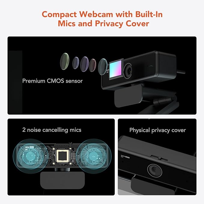 NUROUM V11 2K Webcam for PC, 1080P 60FPS USB Web Camera with Microphone, 1440P@30fps, 90° Wide-Angle, Privacy Cover, Plug&Play for Mac/Laptop/Desktop/Computer, for Zoom/Teams/Google Meet