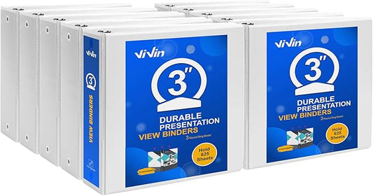 ViVin 3 Ring Binder 3 inch with Clear View Cover, Large 3" Round Ring for Strength, Holds 600 Sheets of US Letter Size Paper, Office Home School, 10 Pack (White)