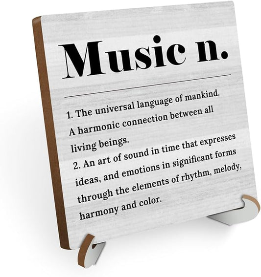 Music Definition Wood Sign Desk Decor Positive Rustic Office Cubicle Decor Inspirational Plaque with Wooden Stand Farmhouse Office Desk Accessories for Home Table Shelf Tiered Tray Musician Gifts