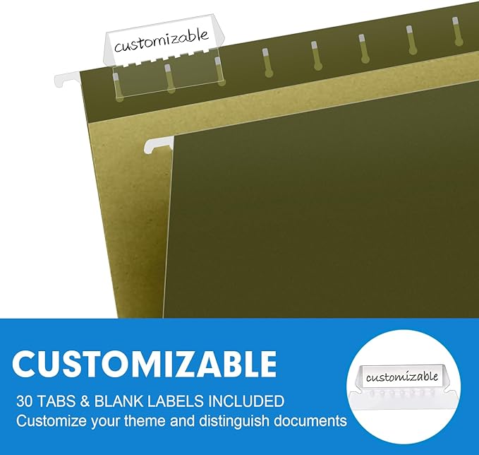Extra Capacity Hanging File Folders, RAZCC 30 Pack Letter Size Reinforced Hanging Folders with Heavy Duty 3 Inch Expansion for Bulky Files, Filing Cabinet, Adjustable Tabs, Green