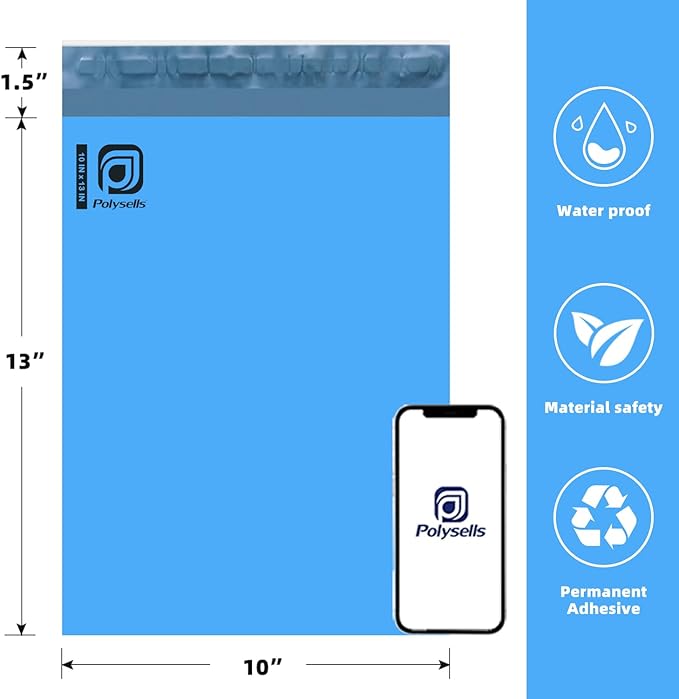 POLYSELLS 100 pcs 10x13 Inches Blue Poly Mailers Shipping Envelopes, Strong Adhesive Sealing, Waterproof, and Tear-resistant Postal Mailing Bags for Clothing, Books, and Accessories