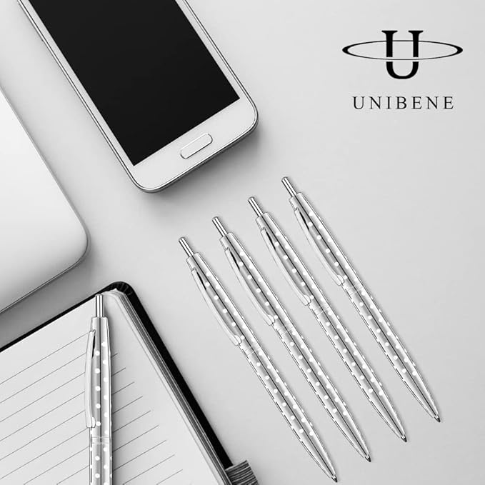 Unibene 6 Pack Cute Dot & Sliver Click Ballpoint Pens -1.0mm Medium Point Black Ink with 6 Stainless Steel Refills for Business Office Students Teachers Wedding Christmas ﻿
