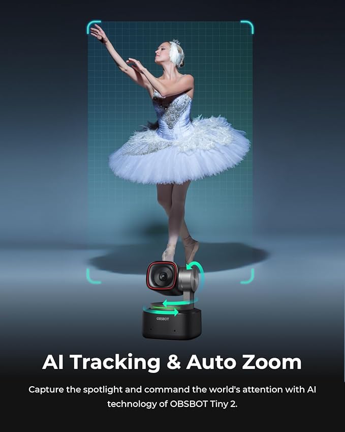 OBSBOT Tiny 2 Webcam 4K Voice Control PTZ, AI Tracking Multi-Mode & Auto Focus, Web Camera with 1/1.5" Sensor, Gesture Control, 60 FPS, HDR Light Correction, Webcam for PC, Streaming, Meeting, etc.