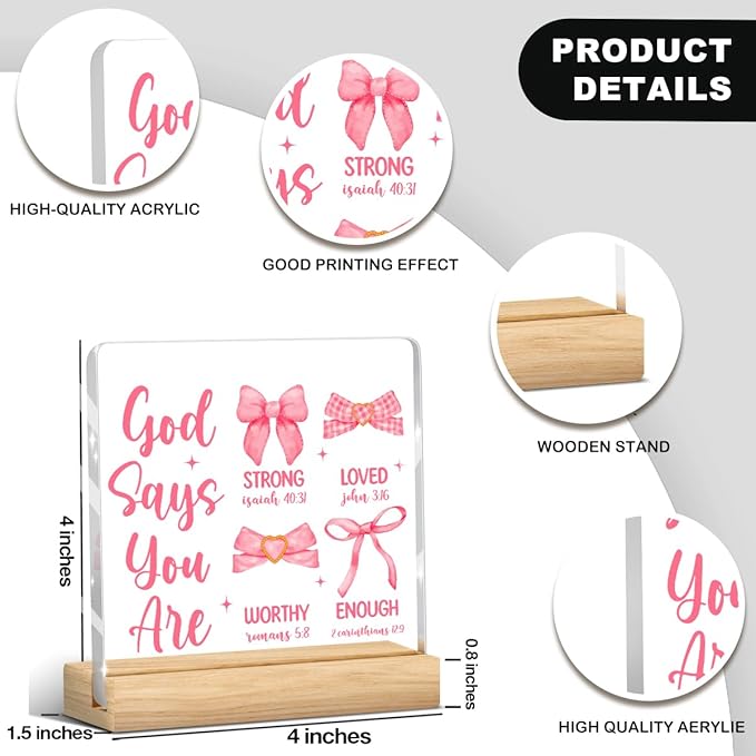 Coquette Dorm Decor, Preppy Pink Bow Bowknot Christian Decor Inspirational Bible Verses Sign Scripture Acrylic Sign Plaque Table Decorations for Home Farmhouse Room