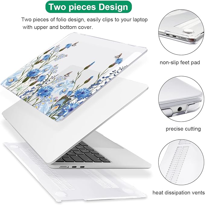 Compatible with M4 MacBook Air 13.6 inch Case 2025 2024 2023 2022 A3240 A3113 M3 A2681 M2 Chip, Crystal Pattern Plastic Hard Case Cover for Mac Air 13 M4 Touch ID, Tropical Blue Flowers