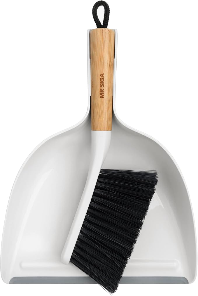 MR.SIGA Dustpan and Brush Set, Portable Cleaning Brush and Dustpan Combo with Bamboo Handle, White, 1 Set