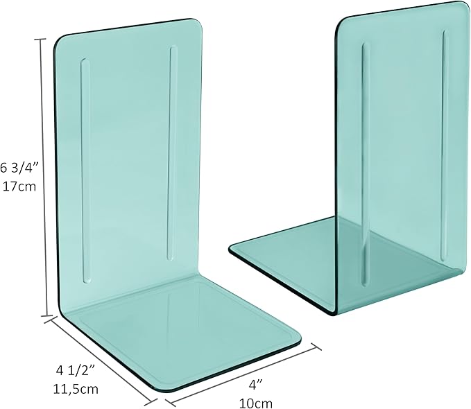 Acrimet Bookends 1 Pair, Clear Plastic Bookends for Shelves or Desktop, Book Holder for Home, Office, Library, School (Clear Green Color)