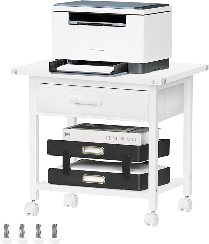 Lerliuo Under Desk Rolling Printer Stand with Drawer, 2-Tier Industrial Mobile Printer Table Desk with Storage Shelf and Steel Frame, Printer Cart Holder with Lockable Wheels for Home, Office (White)
