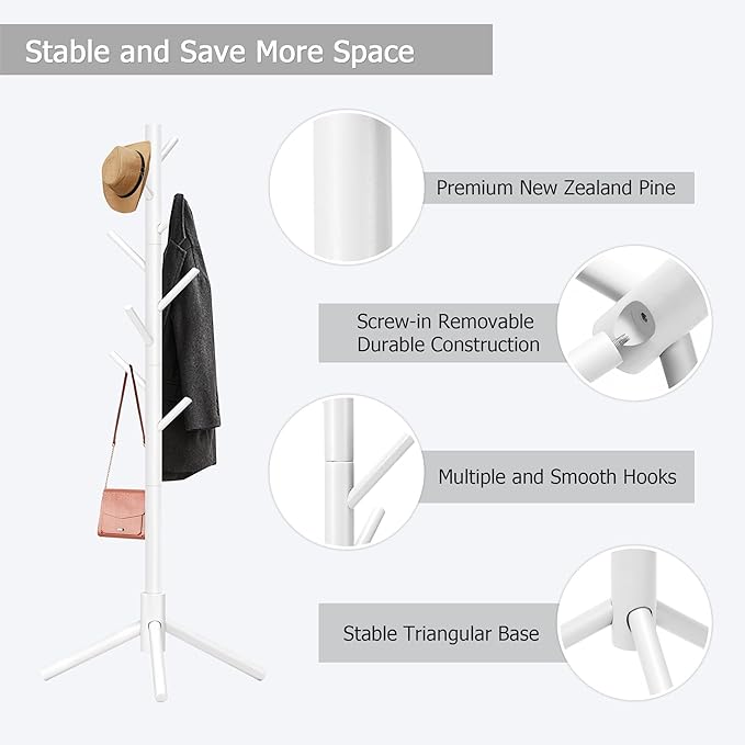 Wooden Coat Rack, Free Standing Coat Rack with 8 Hooks 3 Adjustable Heights for Clothes, Hats, Handbags, Coat Tree Easy Assembly for Entryway, Bedroom, Hallway, Office(2PCS)