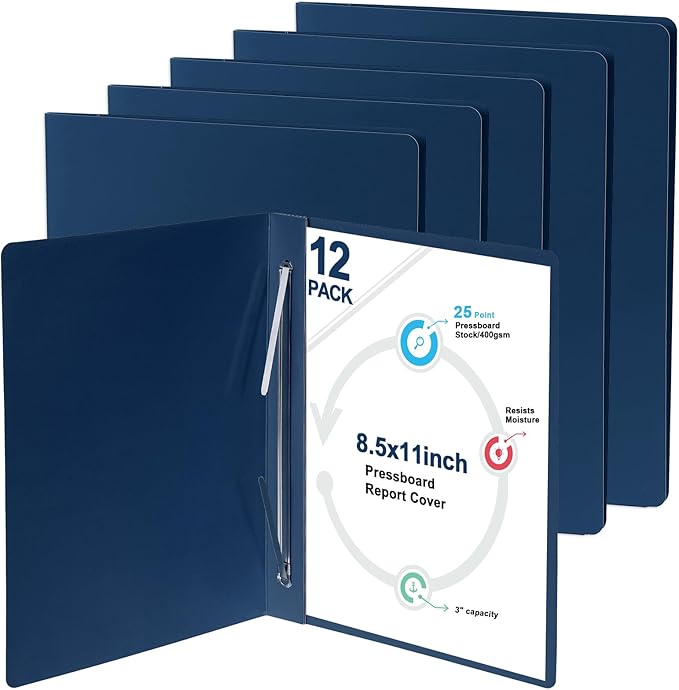 gisgfim 12 Pcs 8.5 x 11'' Pressboard Report Cover 3" Capacity Prong Clip Report Cover Metal Prong Fastener with Compressor Letter Size Presentation Report Folder for Bind Proposal Document