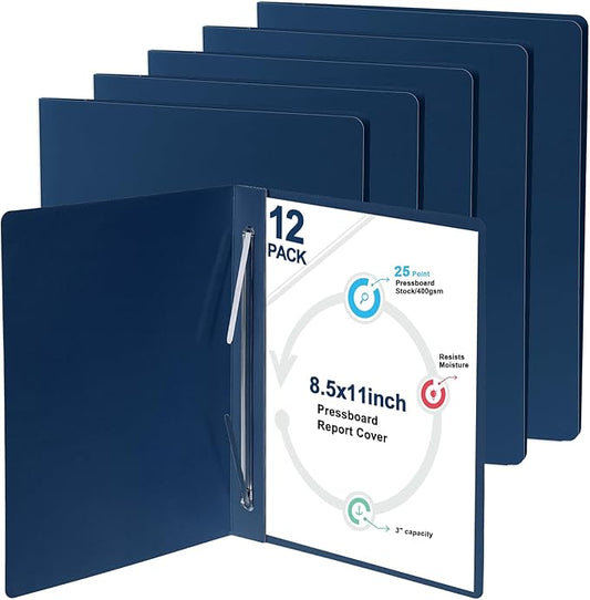 gisgfim 12 Pcs 8.5 x 11'' Pressboard Report Cover 3" Capacity Prong Clip Report Cover Metal Prong Fastener with Compressor Letter Size Presentation Report Folder for Bind Proposal Document