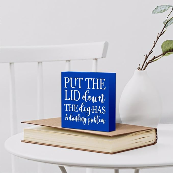 Funny Blue Square Box Sign - Bedroom Bathroom Dining Room Farmhouse Coffee Bar Tabletop Bookshelf Wall Decor - Wooden Box Sign with Toilet Humor Quotes for Home