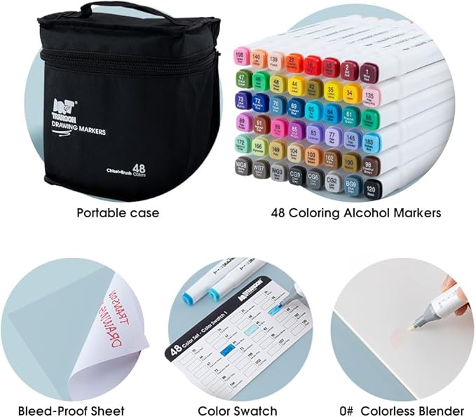 TRANSON Alcohol Markers for Drawing Coloring 48 Colors Dual-tip Chisel and Brush Tips