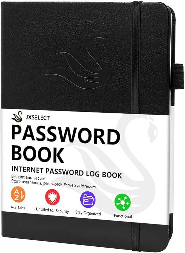 Elegant Password Book with Alphabetical Tabs - Hardcover Password Book for Internet Website Address Login - 5.2" x 7.6" Password Keeper and Organizer w/Notes Section & Back Pocket (Black)