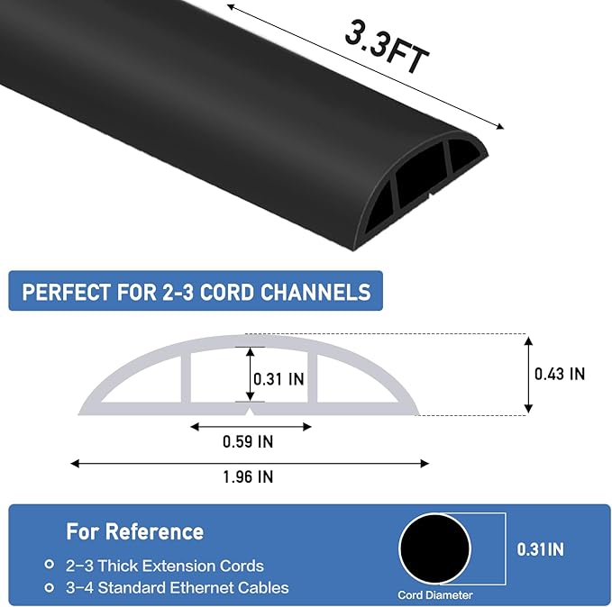Floor Cord Cover Self Adhesive Cord Hider Floor Extension Cord Covers for Floor Power Cord Protector Cable Management Prevent Cable Trips Cable Cavity 0.59" W x 0.31" H (Black, 3.3Ft)