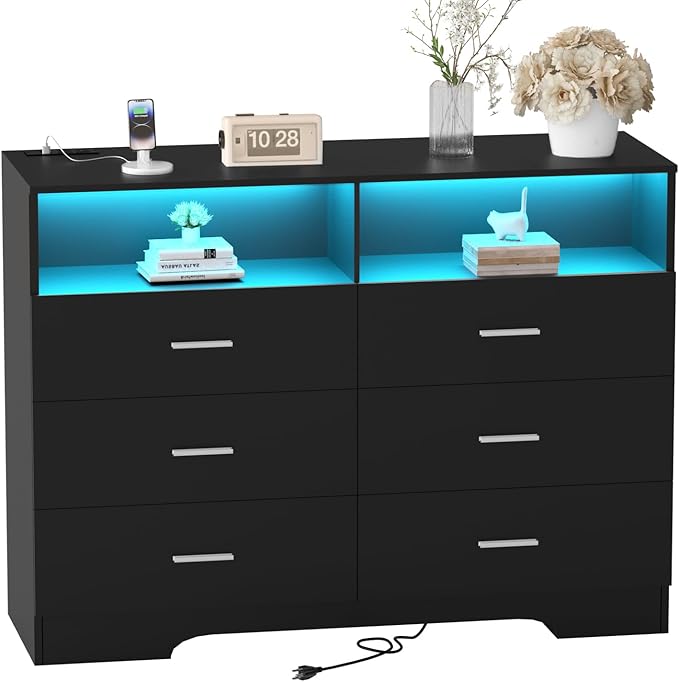 Dresser with Power Outlets and LED Lights Wooden 6 Drawer Dresser with Large Organizer Tall Black Drawer for Bedroom Modern Chest of Drawers Closet for Living Room Kids Room
