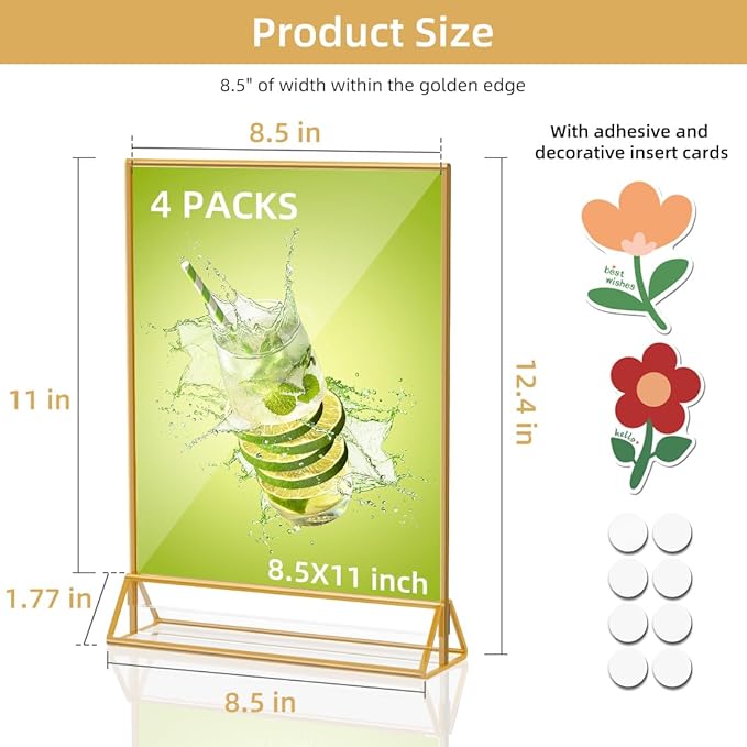 Acrylic Sign Holder 8.5X11 Double Sided Clear Display Stand, Gold Plastic Display Stand for Home Office Shop Restaurant (4pcs)