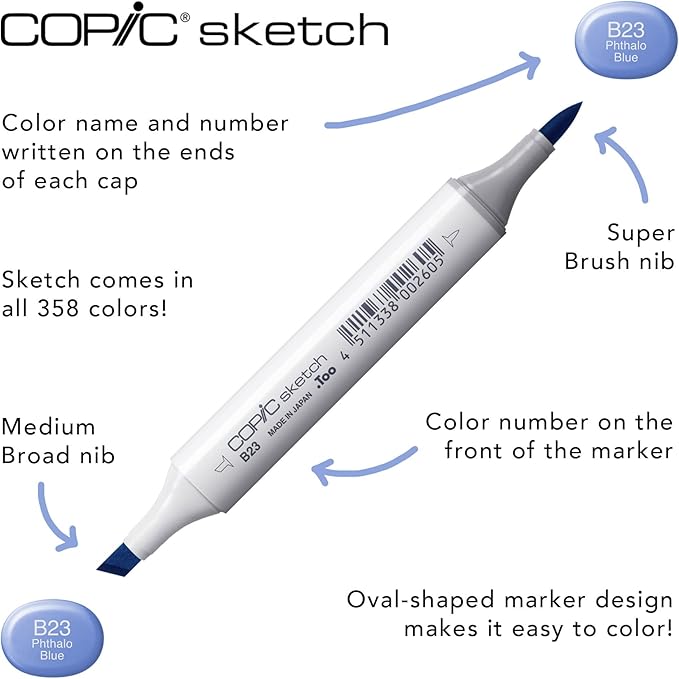 Copic Sketch, Alcohol Markers, 6 Colors Dual Brush Tip Art Marker for Adults, Permanent Blendable Sketch Markers for Coloring Drawing & Illustration Art - Perfect Primaries
