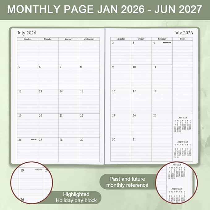Planner 2026-2027 - 18 Months (Jan 2026 - Jun 2027) Agenda Planner 5.8" x 8.5", 2026-2027 Weekly & Monthly Planners with Hard Cover, Green
