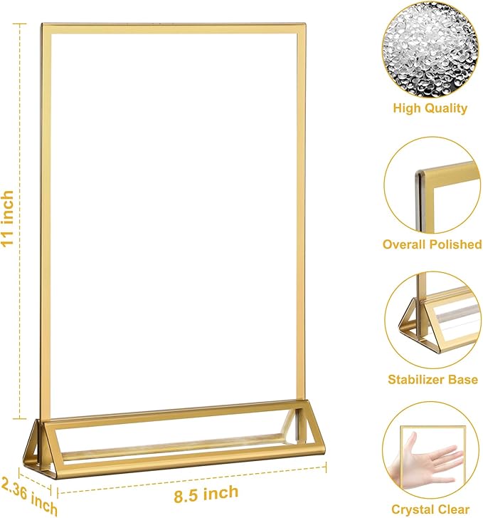 EHWINE 12 Pack Acrylic Sign Holder 8.5 x 11, Double Sided Gold Picture Frame Stand up Table Top Sign Holders, Clear Display Stand Menu Flyer Holder for Wedding Party (Provide Non-slip Mats)