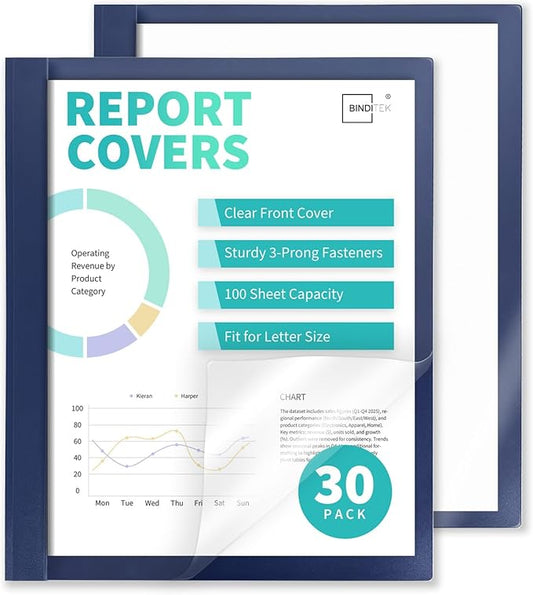 Binditek 30 Pack Clear Front Report Covers with 3 Prongs, 100-Sheet Capacity, Heavy-Duty Plastic Report Folder with Navy Back Covers, 3 Metal Prongs Fasteners, for Letter Size, Office Supplies