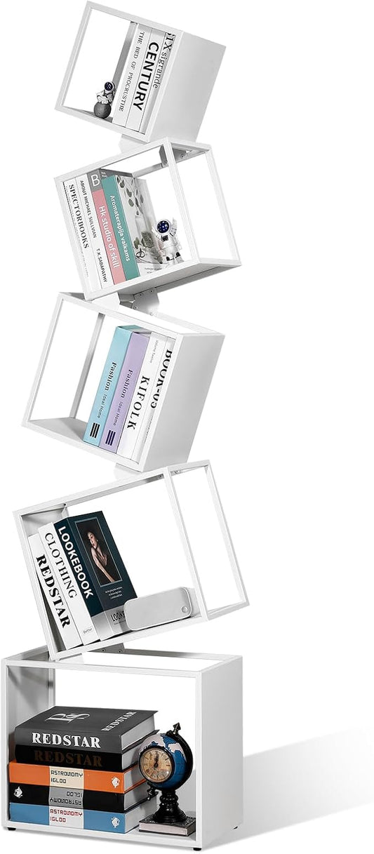 67-Inch 5-Tier Floating Bookshelf – Staggered Geometric Design, Freestanding Metal Storage & Display Rack for Home & Office (White)