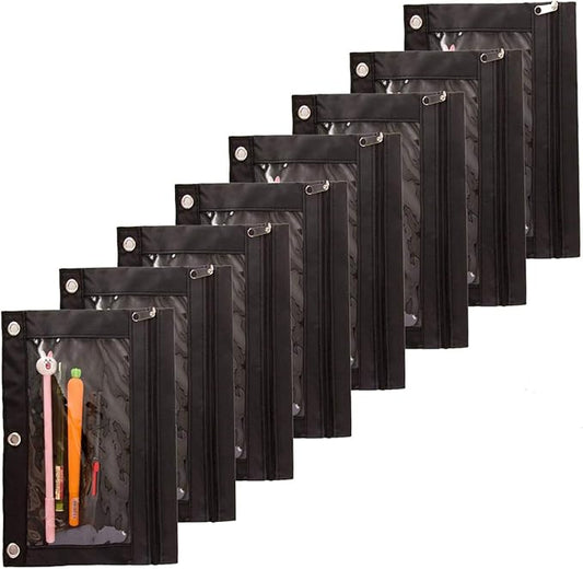 Zippered Binder Fabric Pencil Pouch 3 Rings with Clear Window for School Classroom Organizers 8 Pack (Black)